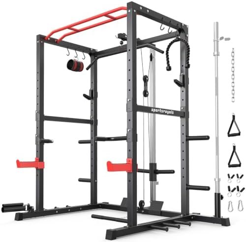 Sportsroyals 1200 lb power rack with 1:1 lat pulldown pulley, bench and color bumper plates