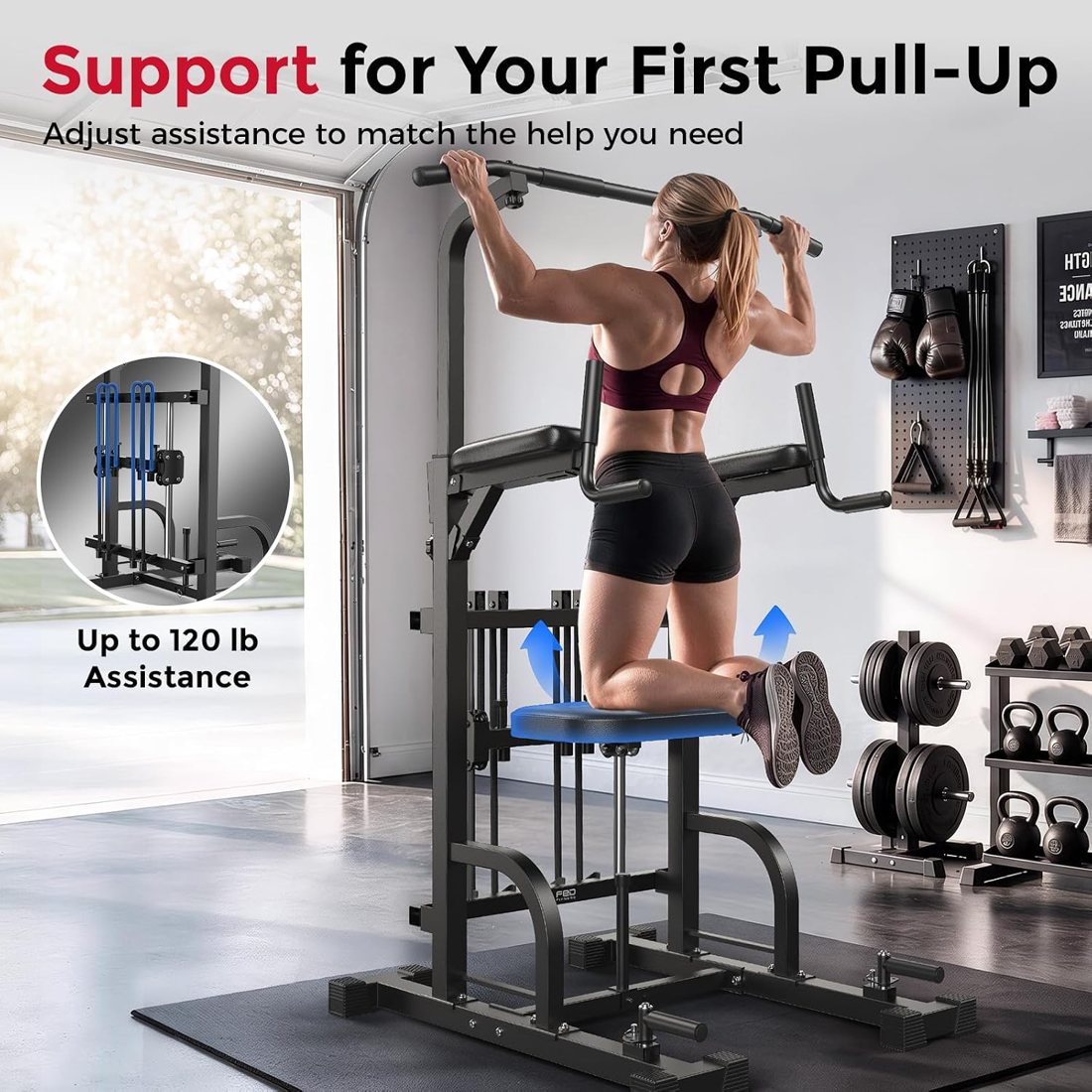 Assisted Pull Up Power Tower with Resistance Bands view 3