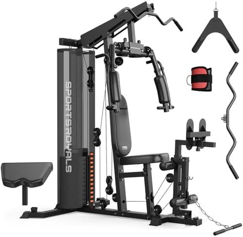Sportsroyals multifunction home gym station with 150 lb weight stack and pulley system