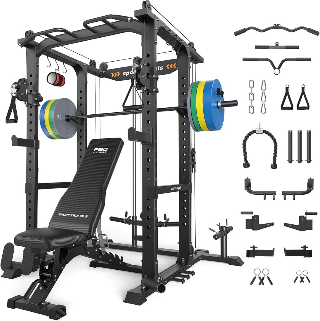 Pro Power Cage with 2:1 Cable Crossover — Home Gym Set in use
