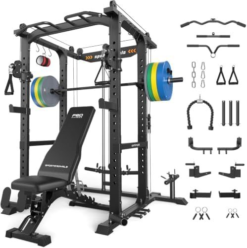 Sportsroyals pro power cage with cable crossover, adjustable bench, Olympic barbell and bumper plates