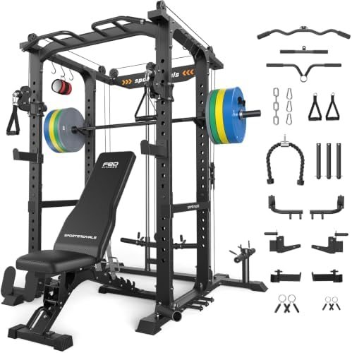 Sportsroyals pro power cage with cable crossover, adjustable bench, Olympic barbell and bumper plates